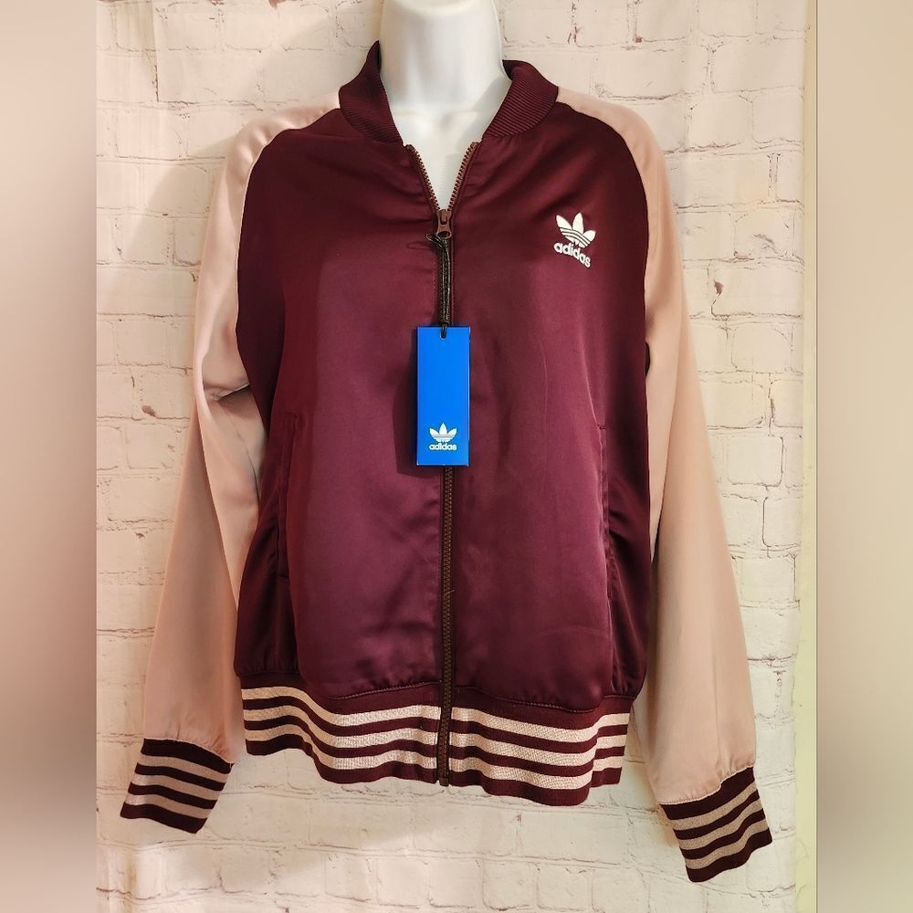 NWT Adidas Originals "Ballista" Maroon/Burgundy Satin Bomber Jacket Sz.S $145